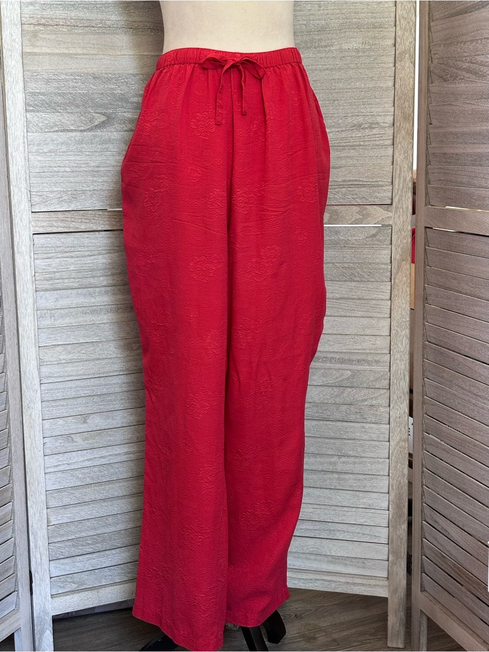 RARE Vintage WHAT. . . ? Coral Red Silk Jacquard Lounge Pants High-rise LG/XL
